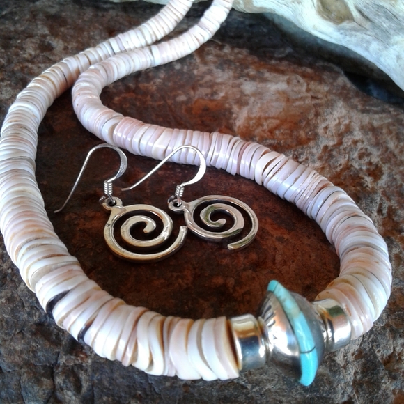 Sterling Silver handmade turquoise heishe beaded NECKLACE SET